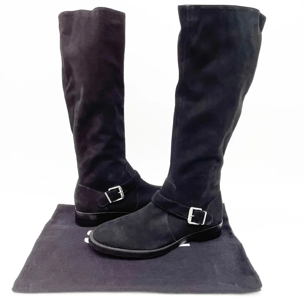 NEW Schutz Luidi Womens 7 Buckled Suede Leather Knee Boot‎ Black Side Zip